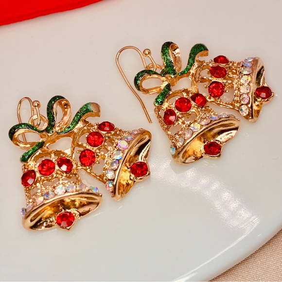🎄DEAL Festive CZ Gold - Red Bell Dangle Fishhook Drop Christmas Earrings - Picture 1 of 6